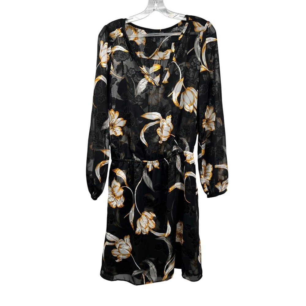 WHBM Womens Floral A-Line Dress Elastic Waist Long Sleeve Black/Multi Size 6